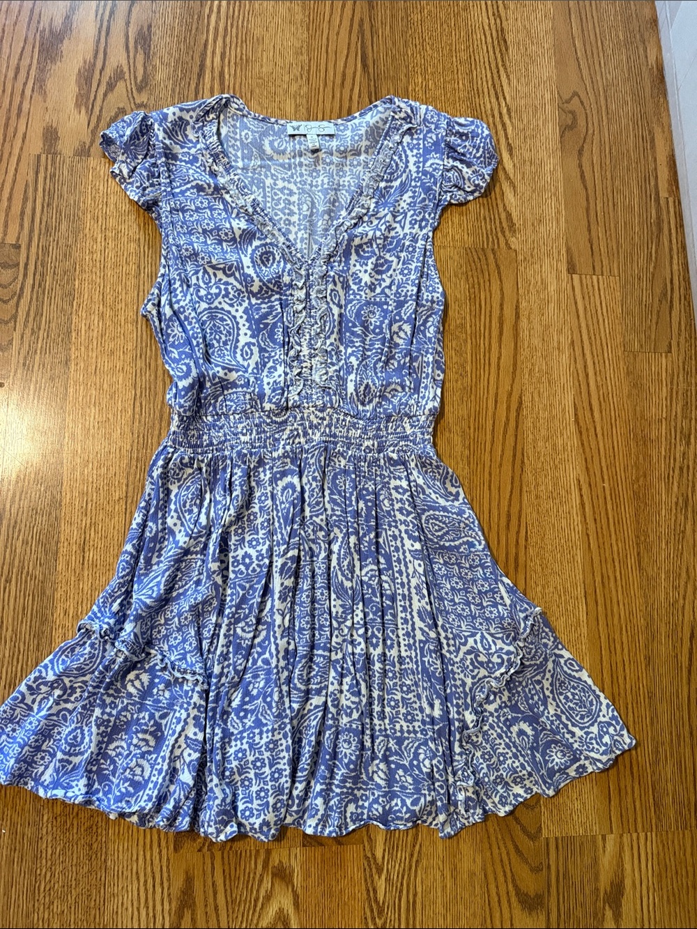 Jessica Simpson Blue Paisley Ruffle V-Neck Mini Dress